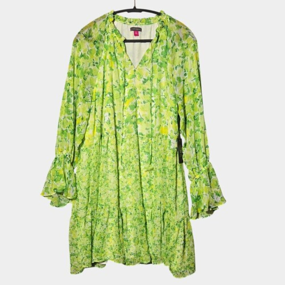 Vince Camuto Floral‎ Long Sleeve Mini Peasant Dress Green XL Boho Romantic NWT
